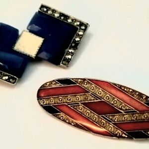 Vtg 1970s Enameled Mini Brooches Cobalt 1928 Jewelry Co & Red La Vie Parisienne